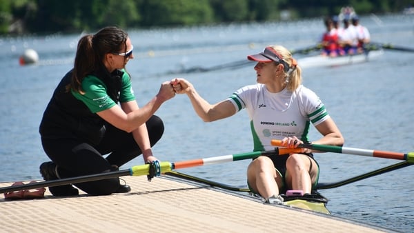 Sanita Puspure celebrates with coach Ashlee Rowe after a convincing heat victory in Lucerne