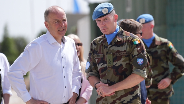 Tánaiste Micheál Martin with Lt Col Stephen Mac Eoin as he meets members of the 124th Infantry Battalion at Camp Shamrock in Debel, Lebanon