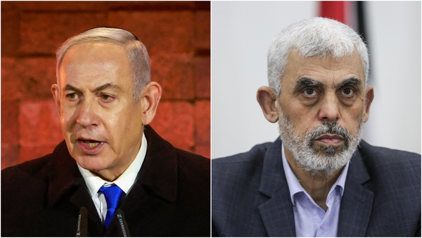 Israel's Prime Minister Benjamin Netanyahu (L) and Hamas leader in Gaza Yahya Sinwar (R) are among those the IC is seeking arrest warrants for