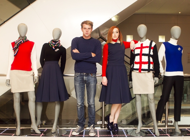 Designer JW Anderson with model January wearing one of his designer as part of the Irish Desingers CREATE 2012 collections at Brown Thomas in Dublin.The specially curated space will feature the work of 10 new and established Irish designers working across fashion, millinery, jewellery and textile design.The initiative is the brain-child of Brown Thomas Fashion Director,Shelly Corkery and the Chairman of the Council of Fashion Designers,Eddie Shanahan.Together,they have edited an impressive collection that easily demonstrates the depth and breadth of design talent in Ireland.The collections will be in Brown Thomas until Sunday 9th September.Photo Leon Farrell/Photocall Ireland.