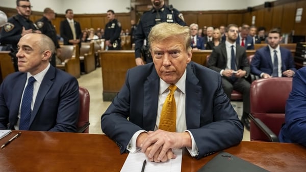 Former US President Donald Trump in court today for his trial for allegedly covering up hush money payments