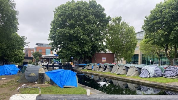 Tents pitched along a section of the Grand Canal in Dublin today