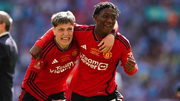 Alejandro Garnacho and Kobbie Mainoo celebrate at Wembley