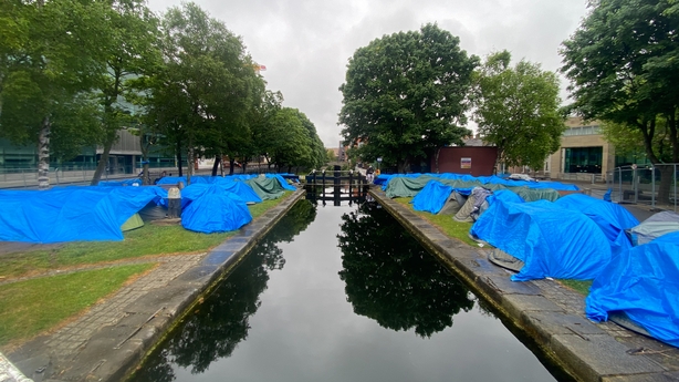 The tents are pitched along the Grand Canal near the bridge at Baggot Street