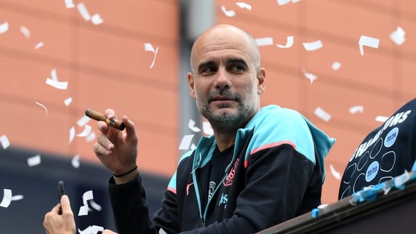 Pep Guardiola joined his players for the team parade to celebrate their Premier League triumph