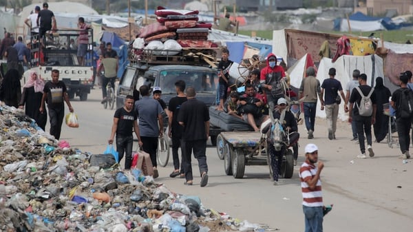 Palestinians fleeing unsafe areas in Rafah arrive with their belongings in Khan Yunis