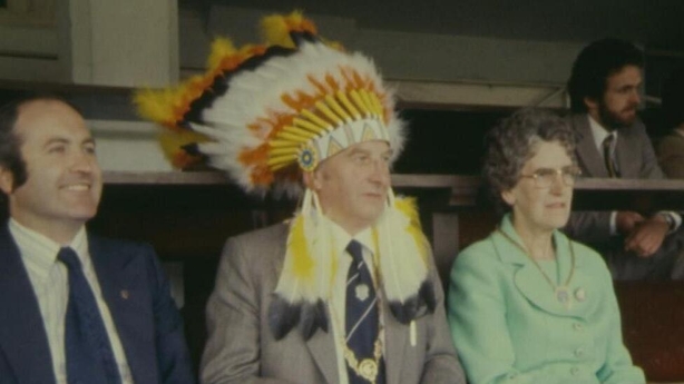 Dublin's Lord Mayor, Mr William Cumiskey wearing a Cherokee Indian headdress. (1979)
