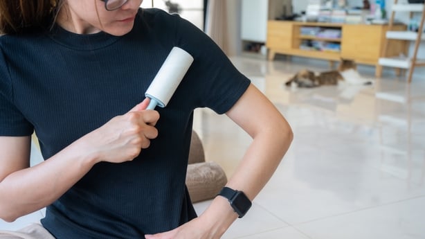  woman using a lint rollers for removing cat hairs on her cloth