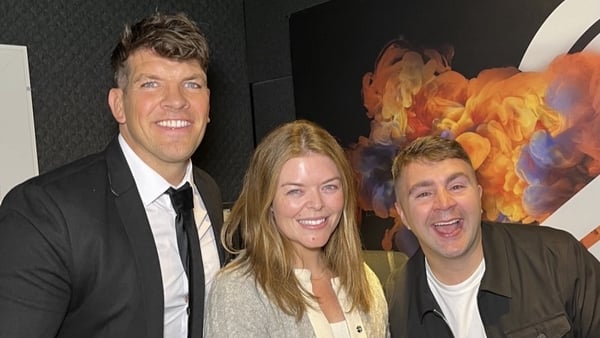 Doireann Garrihy leaves the building - pictured with her 2FM Breakfast co-hosts Donncha O'Callaghan and Carl Mullan. Image credit: @rte2fm/Instagram