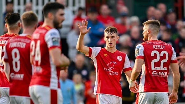 Mason Melia is congratulated by St Pat's team-mates after his goal against Galway United