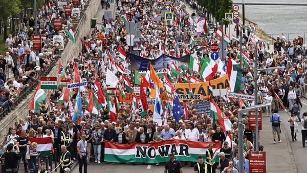 Supporters and members of FIDESZ and KDNP take part in the 'Peace March'