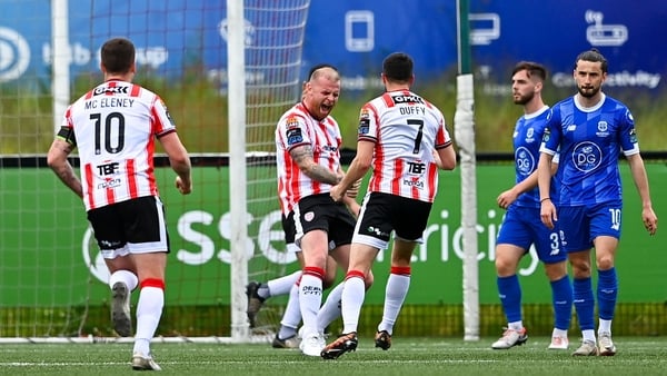 Mark Connolly (c) and Michael Duffy were both on the scoresheet but Patrick McEleney (l) suffered a potential season-ending injury