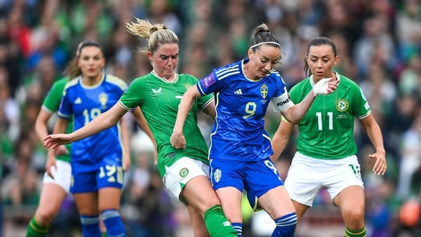 Kosovare Asllani of Sweden is tackled by Jessie Stapleton of Republic of Ireland during the 2025 UEFA Women's European Championship qualifying match between Republic of Ireland and Sweden at Aviva Stadium in Dublin on 31 May, 2024. Photo: Sportsfile