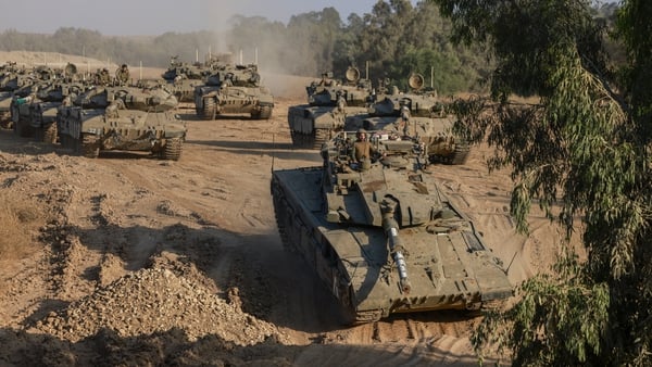 Israeli army tanks deployed in an area of Israel's southern border with the Gaza