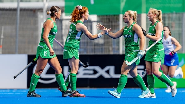 Niamh Carey celebrates her goal against Italy with Ireland team-mates
