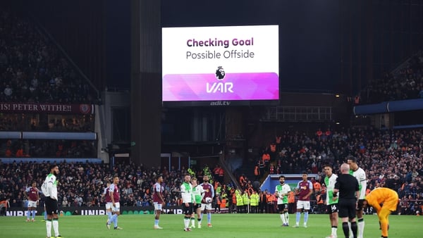 VAR checks and disallows a goal by Ollie Watkins of Aston Villa during the Premier League match between Aston Villa and Liverpool FC at Villa Park on May 13, 2024 in Birmingham, England. Photo: Getty Images