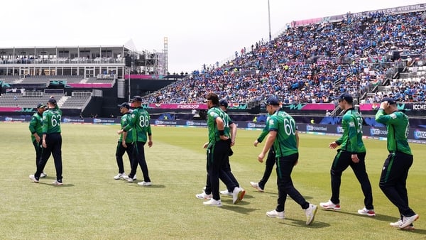 Ireland take to the pitch during their clash with India at Nassau County International Cricket Stadium