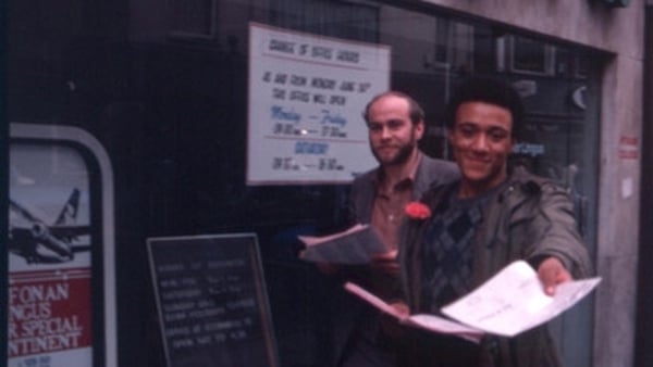 From left to right: Eamon Somers and Owen Conroy, distributing leaflets and pink carnations during Gay Pride Week 1980. Source: Don Wood Collection (shared with permission from the collection's custodian Karl Hayden).