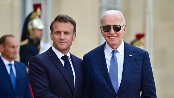 French President Emmanuel Macron with US President Joe Biden at the Elysee Palace in Paris