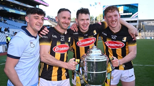 Kilkenny players, from left, Cian Kenny, Conor Fogarty, TJ Reid and John Donnelly celebrate with the Bob O'Keeffe cup