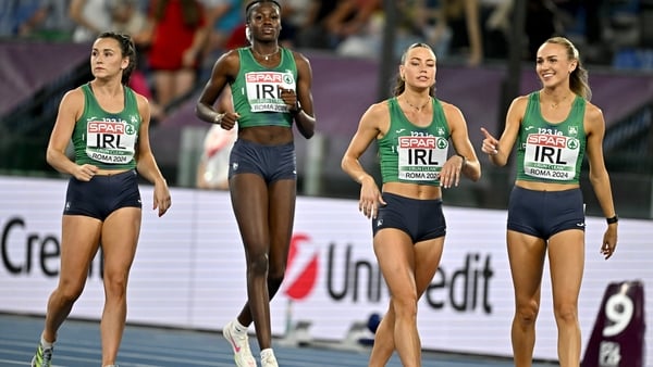 The Irish women's relay team Phil Healy, Rhasidat Adeleke, Sophie Becker and Sharlene Mawdsley before the women's 4x400m relay final at the European Athletics Championships in Rome. Photo: Sam Barnes/Sportsfile