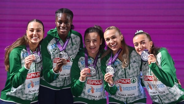 From left: Sophie Becker, Rhasidat Adeleke, Phil Healy, Sharlene Mawdsley and Lauren Cadden after their relay medal success