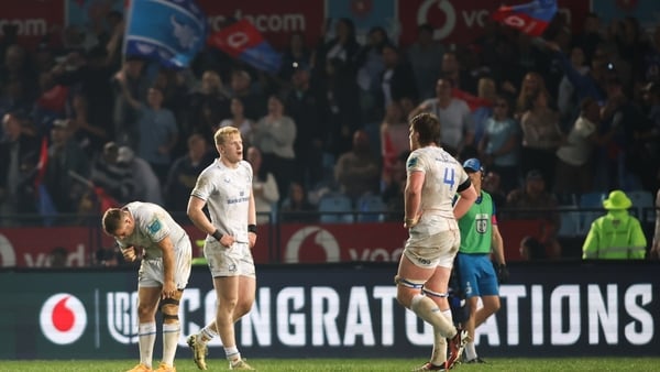 (L to R): Jordan Larmour, Jamie Osborne and Joe McCarthy react to Leinster's defeat