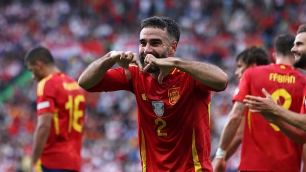 Dani Carvajal celebrates his goal as Spain lead Croatia 3-0