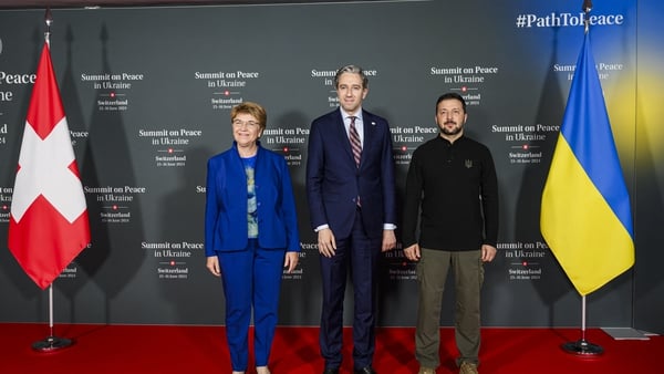 (L-R) Swiss Federal President Viola Amherd, Taoiseach Simon Harris and Ukrainian President Volodymyr Zelensky at Ukraine peace summit