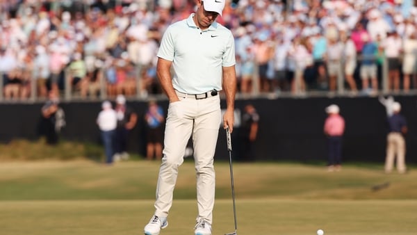 Rory McIlroy reacts after missing his par putt on the 18th hole at the 124th US Open