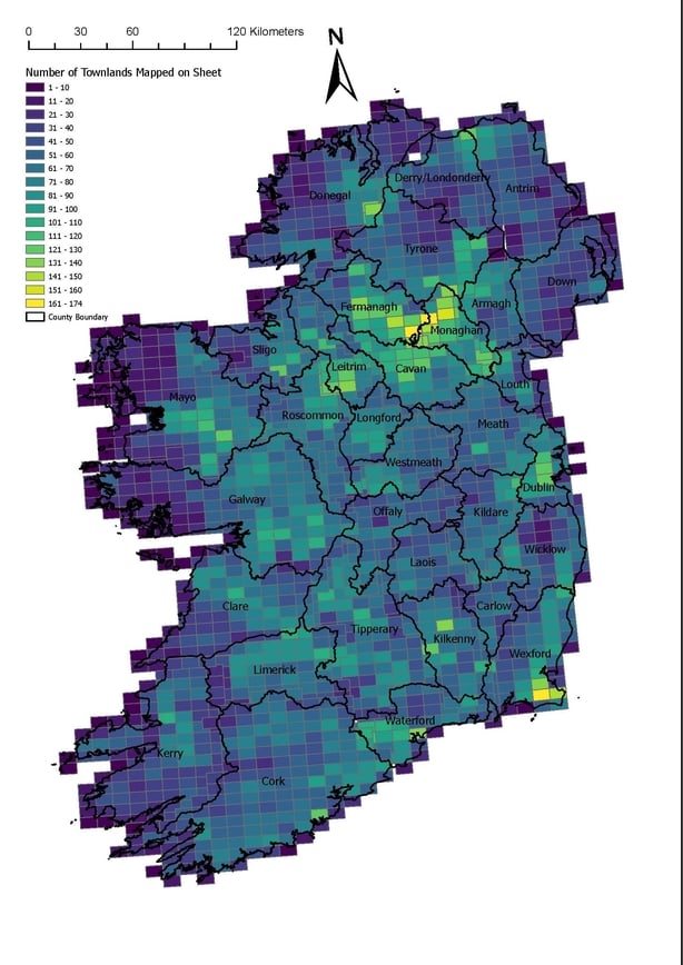 the c.60,000 townlands of Ireland visualised in number by map sheet  </p>
<h2><span id=
