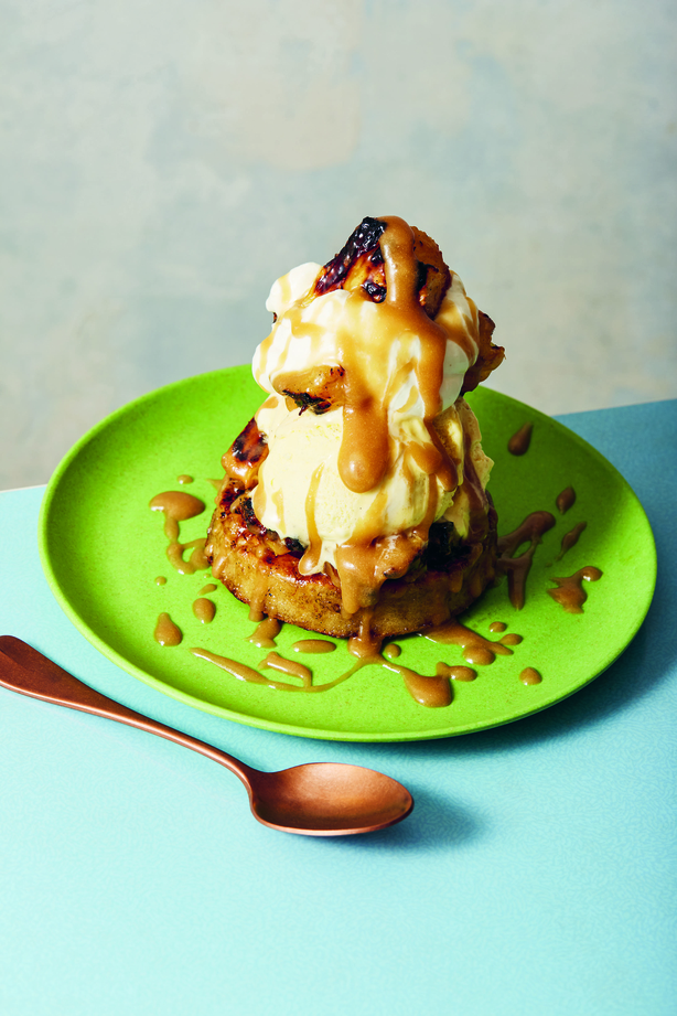 Grilled crumpets with charred pineapple and rum and maple caramel desserts from BBQ Days, BBQ Nights