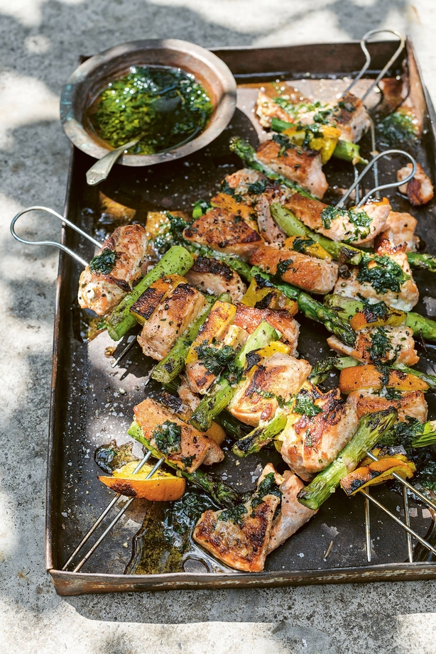 Trout, asparagus and orange with mint garlic oil from Scorched