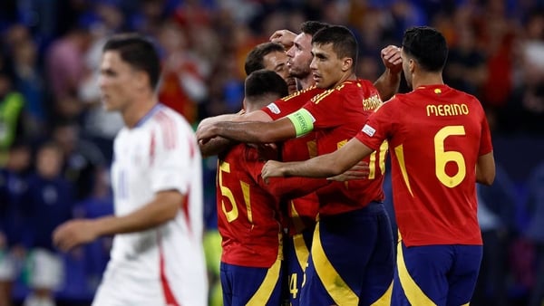 Spain's players celebrate after beating Italy at Euro 2024. Photo: Kenzo Tribouillard/AFP via Getty Images