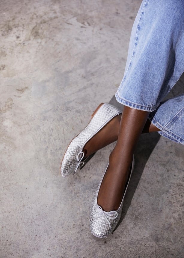 Dune Heights Woven Ballet Flats in Silver, £75