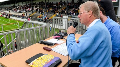 Mícheál Ó Muircheartaigh commentating at a charity hurling match in aid of the Irish Cancer Society at St Conleth's Park, Newbridge, Co Kildare in August 2015. Photo: Piaras Ó Mídheach/Sportsfile via Getty Images