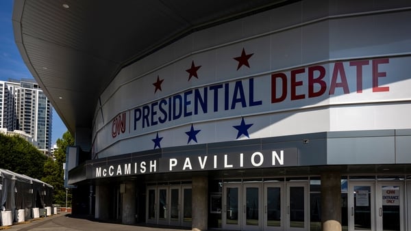 The debate takes place at the McCamish Pavilion on the Georgia Institute of Technology campus in Atlanta