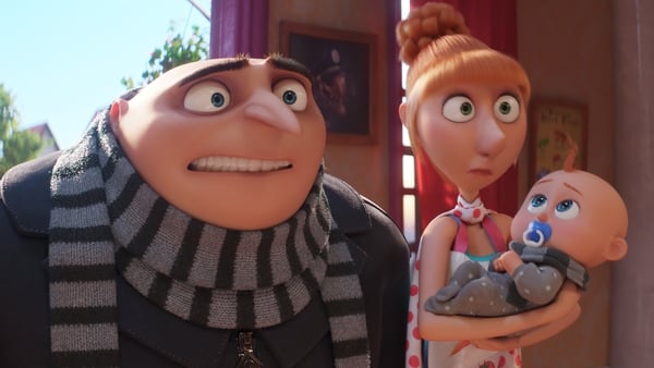 Steve Carell as Gru, Kristen Wiig as Lucy and new arrival Gru Jr in Despicable Me