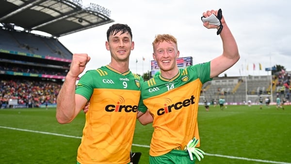 Michael Langan, left, and Oisin Gallen celebrate Donegal's victory