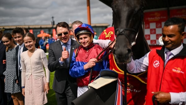 Jockey Ryan Moore, with horse Los Angeles and trainer Aidan O'Brien after the win