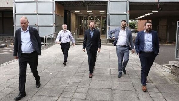 IALPA president Captain Mark Tighe (2nd left), leads his team out from the talks at the Labour Court for a coffee break (Pic: RollingNews)