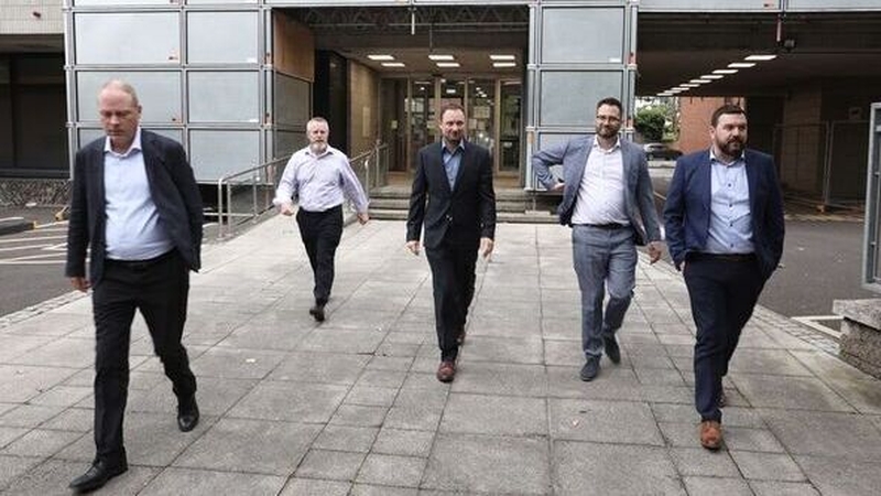 IALPA president Captain Mark Tighe (2nd left), leads his team out from the talks at the Labour Court for a coffee break (Pic: RollingNews)