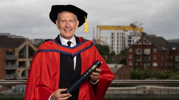 Patrick Kielty, after being awarded an honorary doctorate from Ulster University. Photo credit: Nigel McDowell/Ulster University/PA Wire