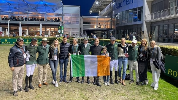 The Irish team celebrate after the five-star Nations Cup victory in Aachen