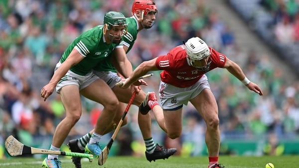 Seán Finn (L) and Barry Nash (back) 
in action against Cork's Patrick Horgan in the 2021 All-Ireland hurling final