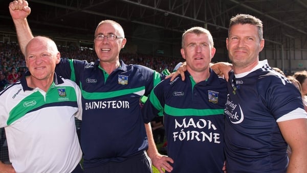 (L-R) Limerick selector Eamon Mescall, manager John Allen, selector John Kiely and selector Donach O'Donnell wait for the final whistle to be blown in the 2013 Munster hurling final