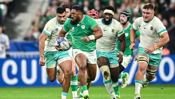 Bundee Aki of Ireland makes a break during the 2023 Rugby World Cup Pool B match