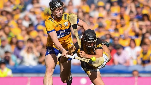 Kilkenny's Mikey Butler challenges Tony Kelly of Clare for the ball in the 2023 All-Ireland semi-final