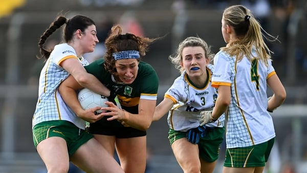 Emma Dineen of Kerry is confronted by Meath's Shelly Melia, Mary Kate Lynch and Nicole Troy