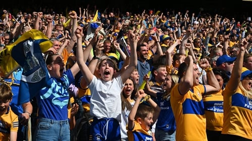 Clare supporters in the Cusack Stand celebrate after their team beat Kilkenny